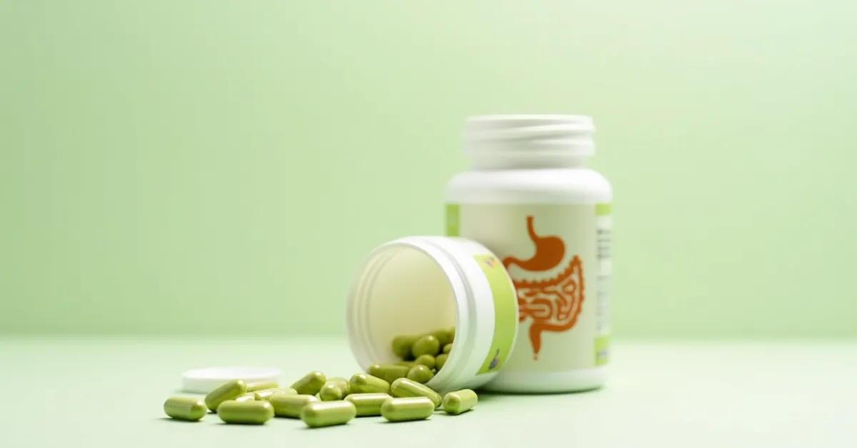 Probiotic capsules with gut health illustration for bloating relief research