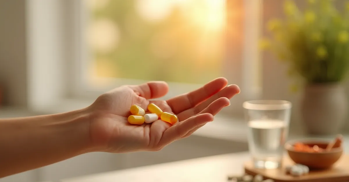 A hand holding colorful probiotic capsules in warm natural light, with fermented foods blurred in background, illustrating the question of whether you can take too many probiotics